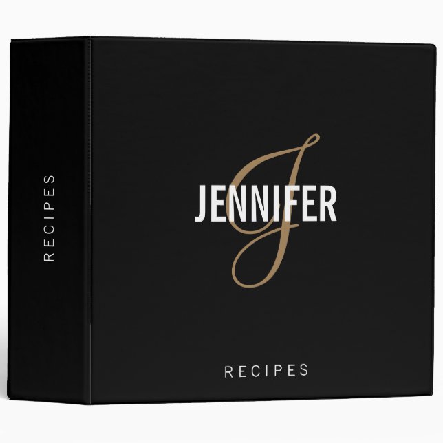 Elegant Monogram Black Gold Script Name Recipe  3  Binder (Front/Spine)