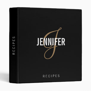 Elegant Monogram Black Gold Script Name Recipe 3 R Binder