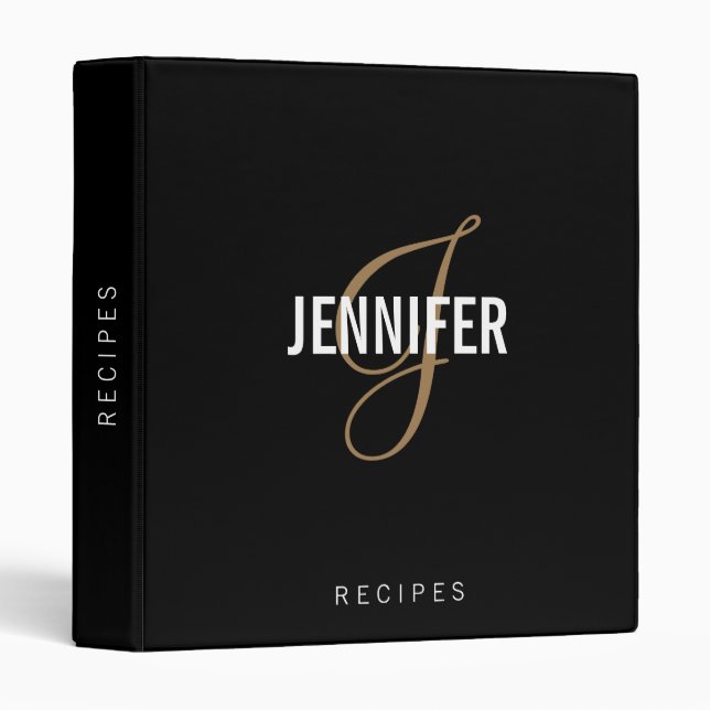 Elegant Monogram Black Gold Script Name Recipe 3 R Binder (Front/Spine)
