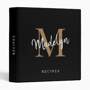 Elegant Monogram Black Gold Script Name Recipe Binder