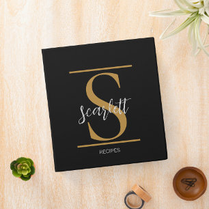 Elegant Monogram Black Gold Script Name Recipe Binder