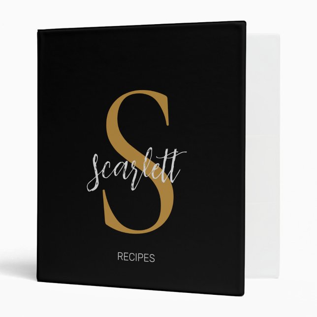 Elegant Monogram Black Gold Script Name Recipe Binder (Creator Uploaded)
