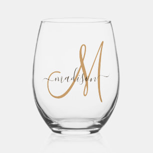 Elegant Monogram Black Gold Script Name Stemless Wine Glass