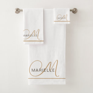 Elegant Monogram Black Gold Script Name White Bath Towel Set