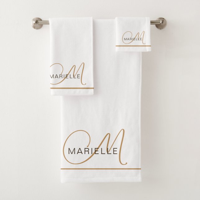 Elegant Monogram Black Gold Script Name White Bath Towel Set (Insitu)