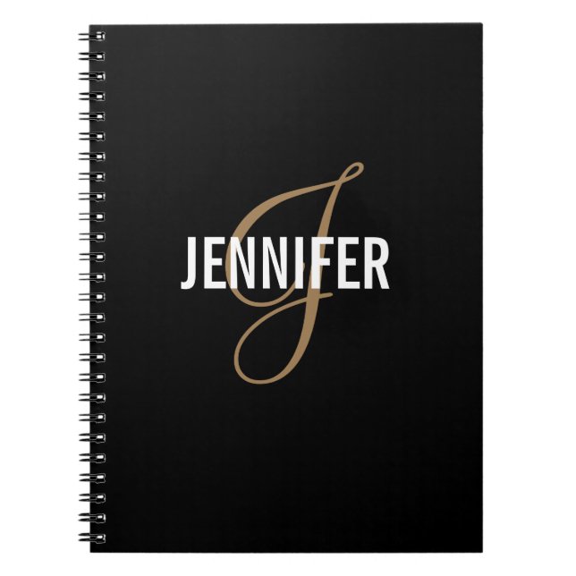 Élégant Monogram Black Gold Script nom Carnet (Devant)