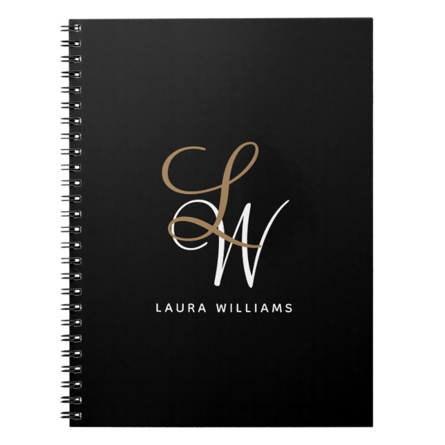 Elegant Monogram Black Gold Script Notebook (Front)