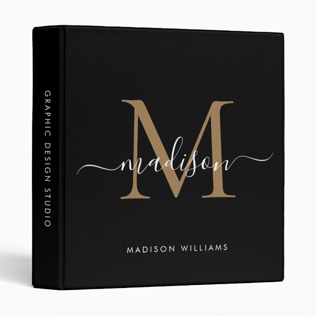 Elegant Monogram Black Gold Script Office School 3 Binder (Front/Spine)