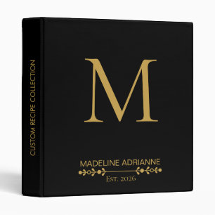Elegant Monogram Black Gold Script Office School Binder