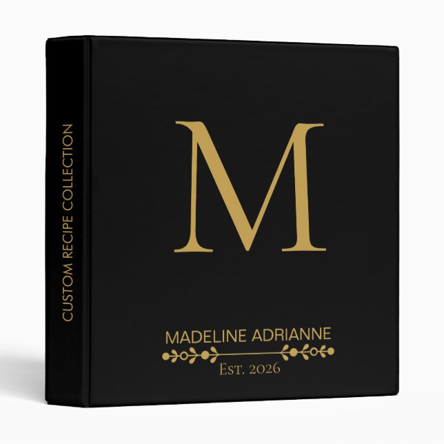 Elegant Monogram Black Gold Script Office School Binder (Front/Spine)