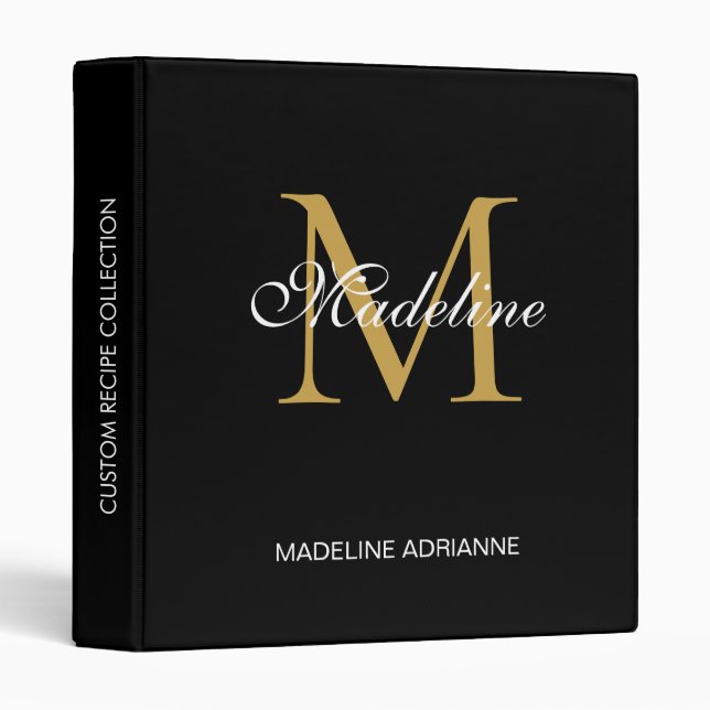 Elegant Monogram Black Gold Script Office School  Binder (Front/Spine)