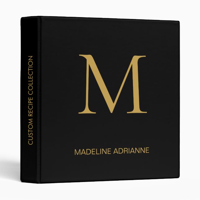 Elegant Monogram Black Gold Script Office School Binder (Front/Spine)