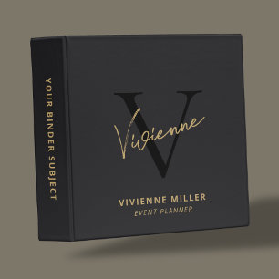 Elegant Monogram Black Gold Script Office School Binder