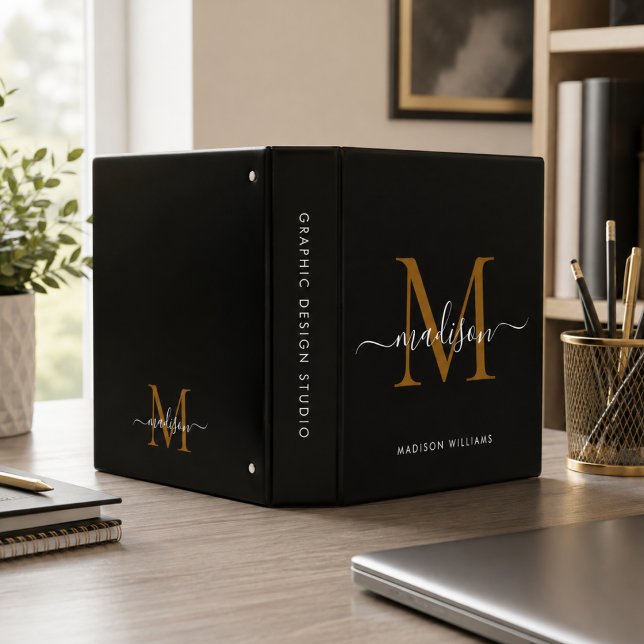Elegant Monogram Black Gold Script Office School Binder (Elegant Monogram Black Gold Script Office School 3 Ring Binder)