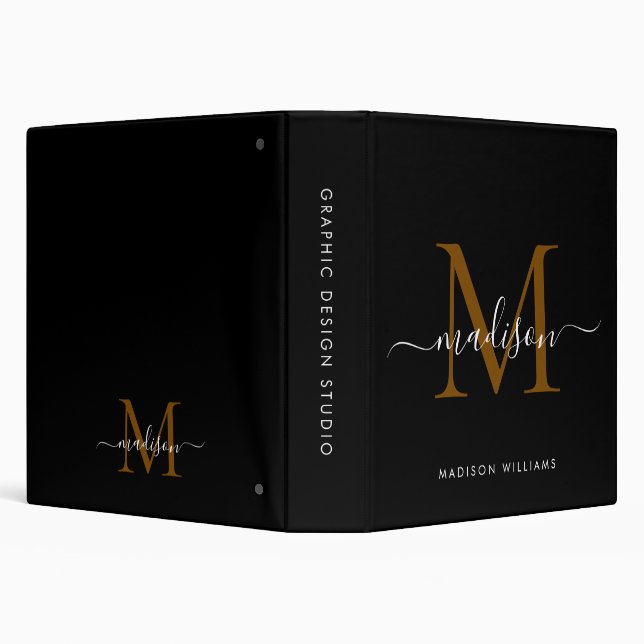 Elegant Monogram Black Gold Script Office School Binder (Background)