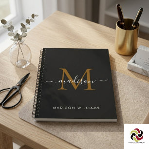 Elegant Monogram Black Gold Script Office School Notebook