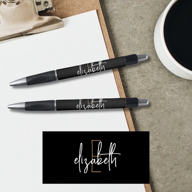 Elegant Monogram Black Gold Script Pen (Creator Uploaded)