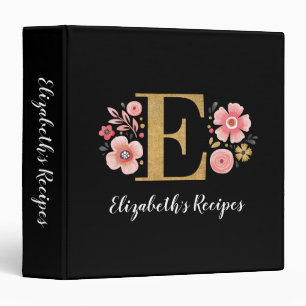 Elegant Monogram Black Gold Script Recipe 3 Ring B Binder