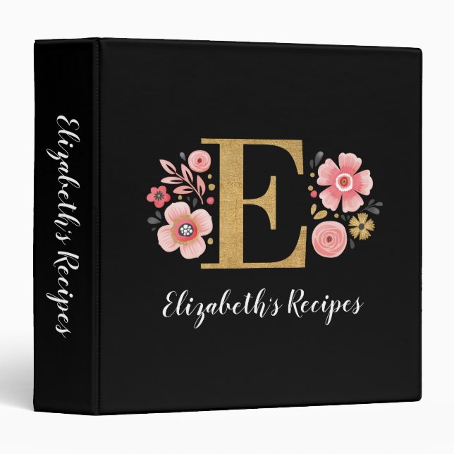 Elegant Monogram Black Gold Script Recipe 3 Ring B Binder (Front/Spine)