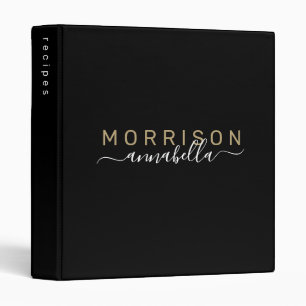 Elegant Monogram Black Gold Script Recipe Binder
