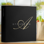 Elegant Monogram Black Gold Script Recipe Binder<br><div class="desc">Modern monogram design</div>