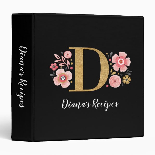 Elegant Monogram Black Gold Script Recipe Binder (Front/Spine)
