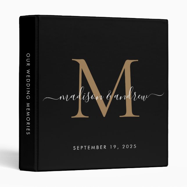 Elegant Monogram Black Gold Script Wedding Album Binder (Front/Spine)