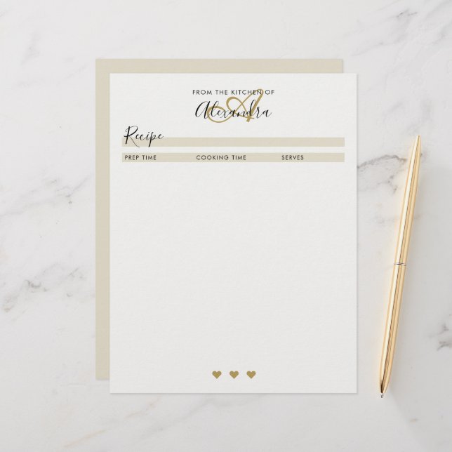Elegant Monogram Black Gold Simple Recipe Sheet (Front/Back In Situ)