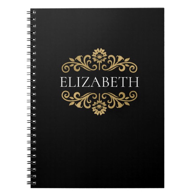 Elegant Monogram Black Gold Spiral Photo Notebook (Front)