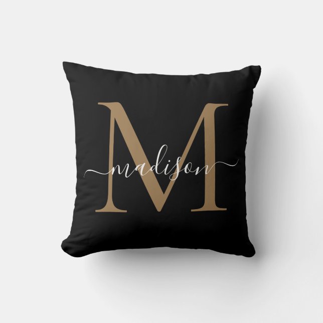 Elegant Monogram Black Gold Stylish Girly Script Throw Pillow (Front)