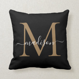 Elegant Monogram Black Gold Stylish Girly Script Throw Pillow