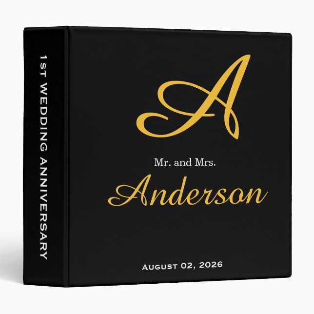 Elegant Monogram Black Gold Wedding Anniversary Binder (Front/Spine)