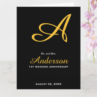Elegant Monogram Black Gold Wedding Anniversary Card