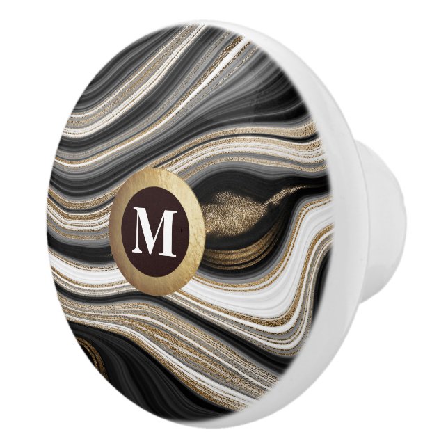 Elegant Monogram Black Gold White Agate Ceramic Knob (Right)