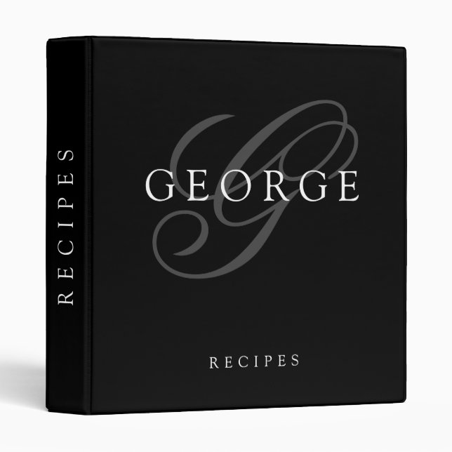 Elegant Monogram Black Grey Name Recipe Binder (Front/Spine)