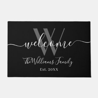 Elegant Monogram Black Grey Name Script Wedding Doormat