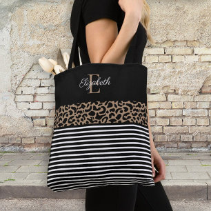 Elegant Monogram black Leopard Animal Print Notebo Tote Bag
