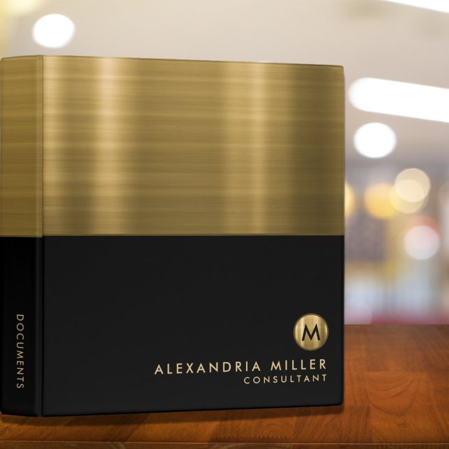 Elegant Monogram Black Metallic Gold Office School Binder (Creator Uploaded)