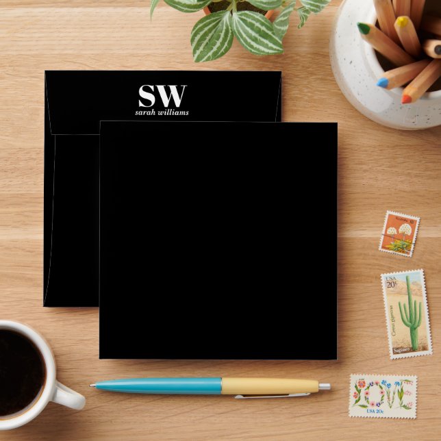 Elegant Monogram Black Minimalist Envelope (Desk)
