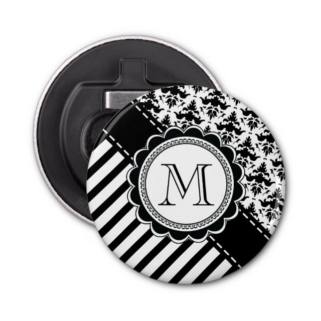 Elegant Monogram Black n White Stripes and Damask Bottle Opener (Front)