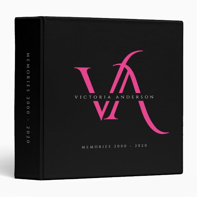 Elegant Monogram Black Pink Modern Custom Album Binder (Front/Spine)