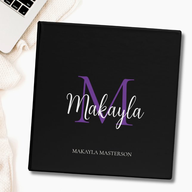 Elegant Monogram Black Purple Office School Binder (Creator Uploaded)