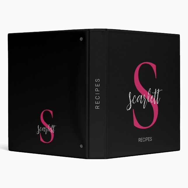 Elegant Monogram Black raspberry red Name Recipe Binder (Background)