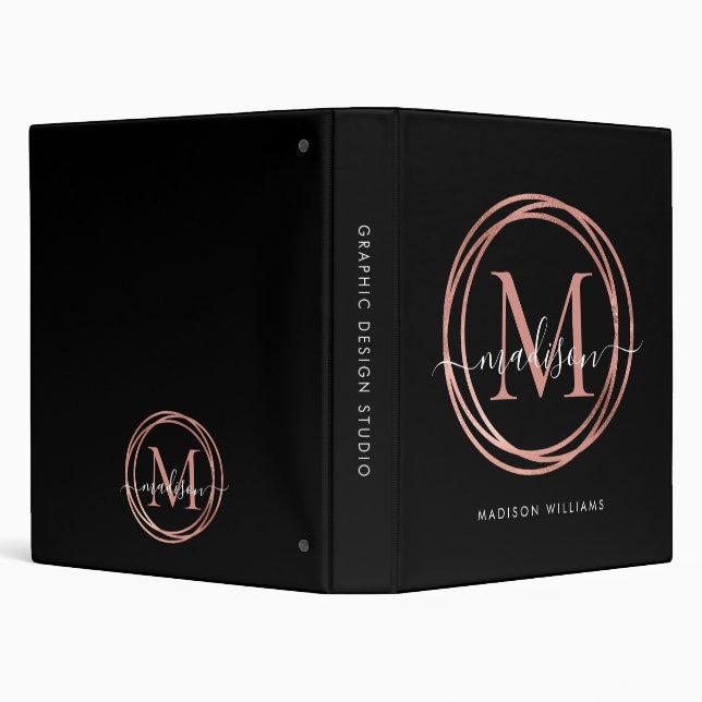 Elegant Monogram Black Rose Gold Blush Pink Girly Binder (Background)