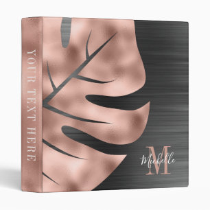 Elegant Monogram Black Rose Gold Leaf Binder