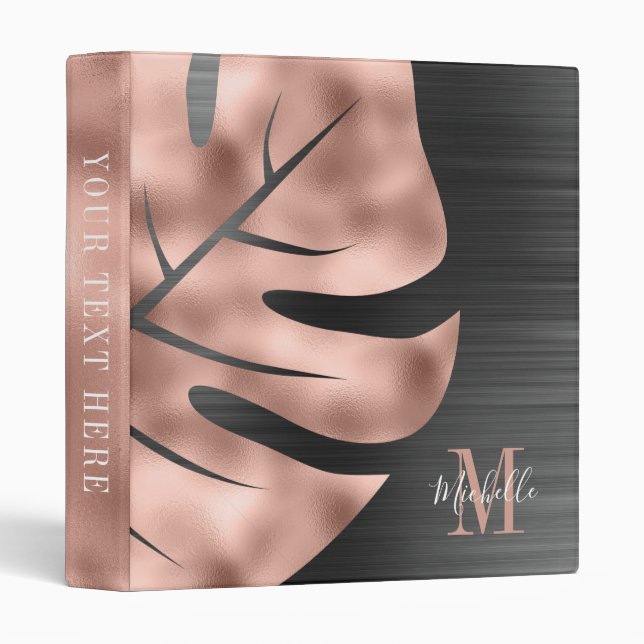 Elegant Monogram Black Rose Gold Leaf  Binder (Front/Spine)