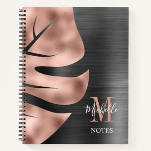 Elegant Monogram Black Rose Gold Leaf Notebook