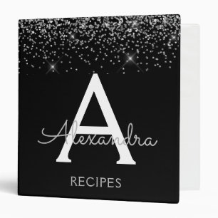 Elegant Monogram Black Silver Script Glitter Binder