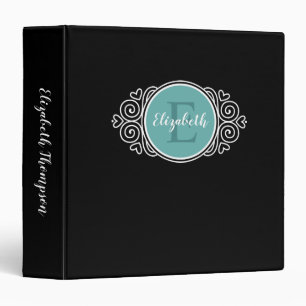 Elegant Monogram Black Teal Script Name Initial Binder