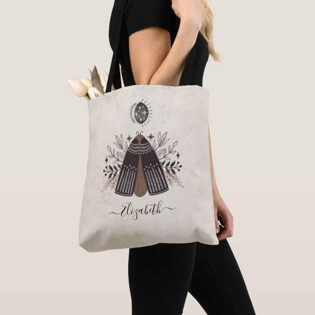 Elegant Monogram Black White Floral Butterfly Tote Bag (Close Up)